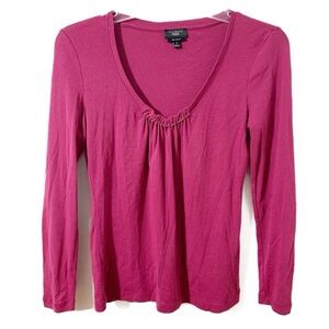 Talbots Petites Long Sleeve V-Neck Cotton Top Metal Bead Detailing at Neckline
